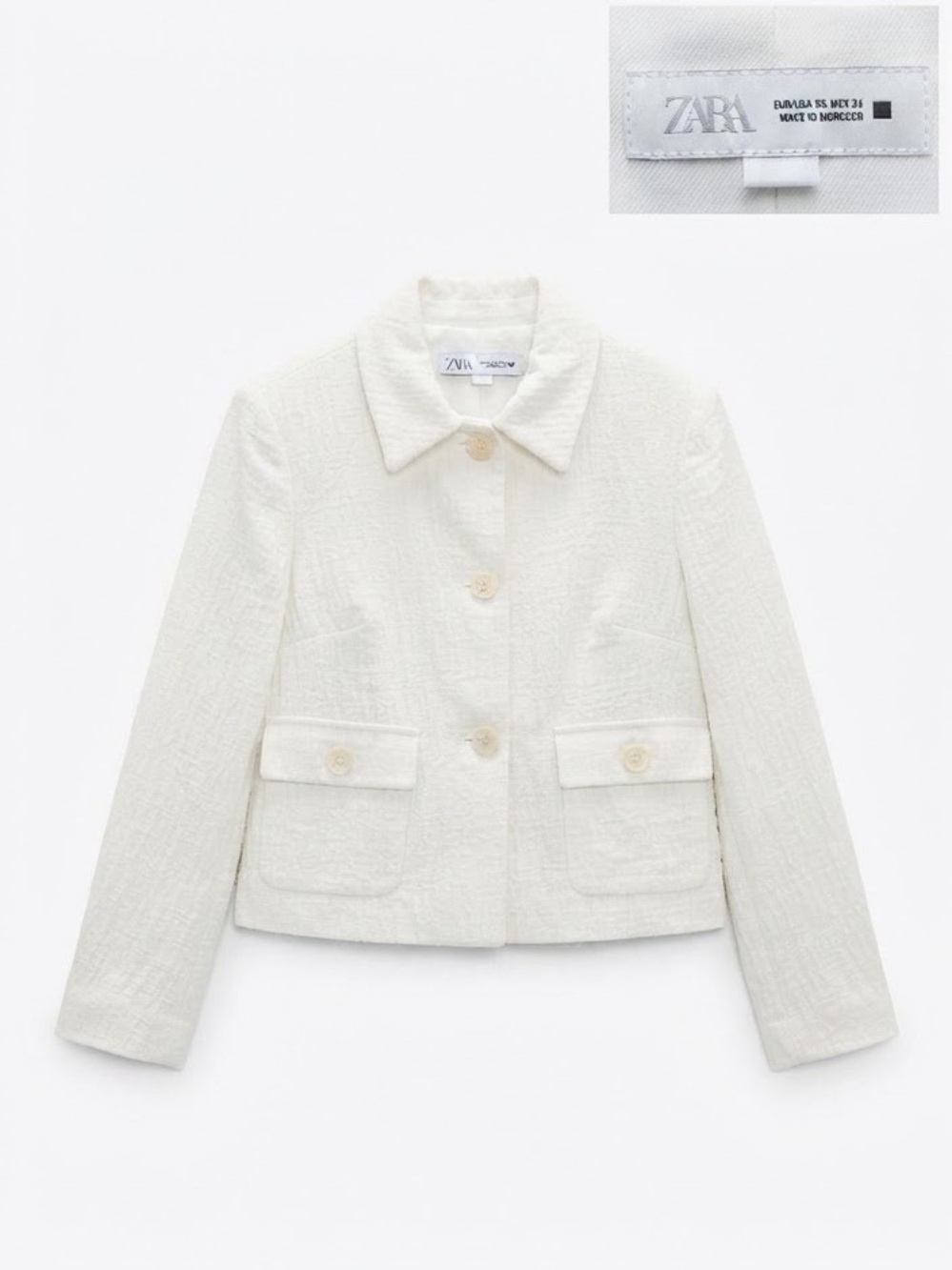 NWOT ZARA Textured Off White Cropped Jacket XS Flap Pockets Point Collar